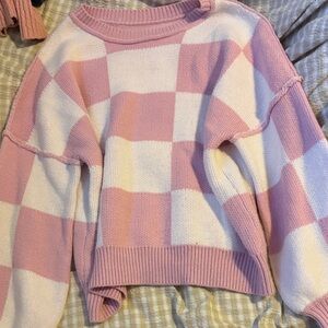 Pink and Cream Checkered Women's Sweater